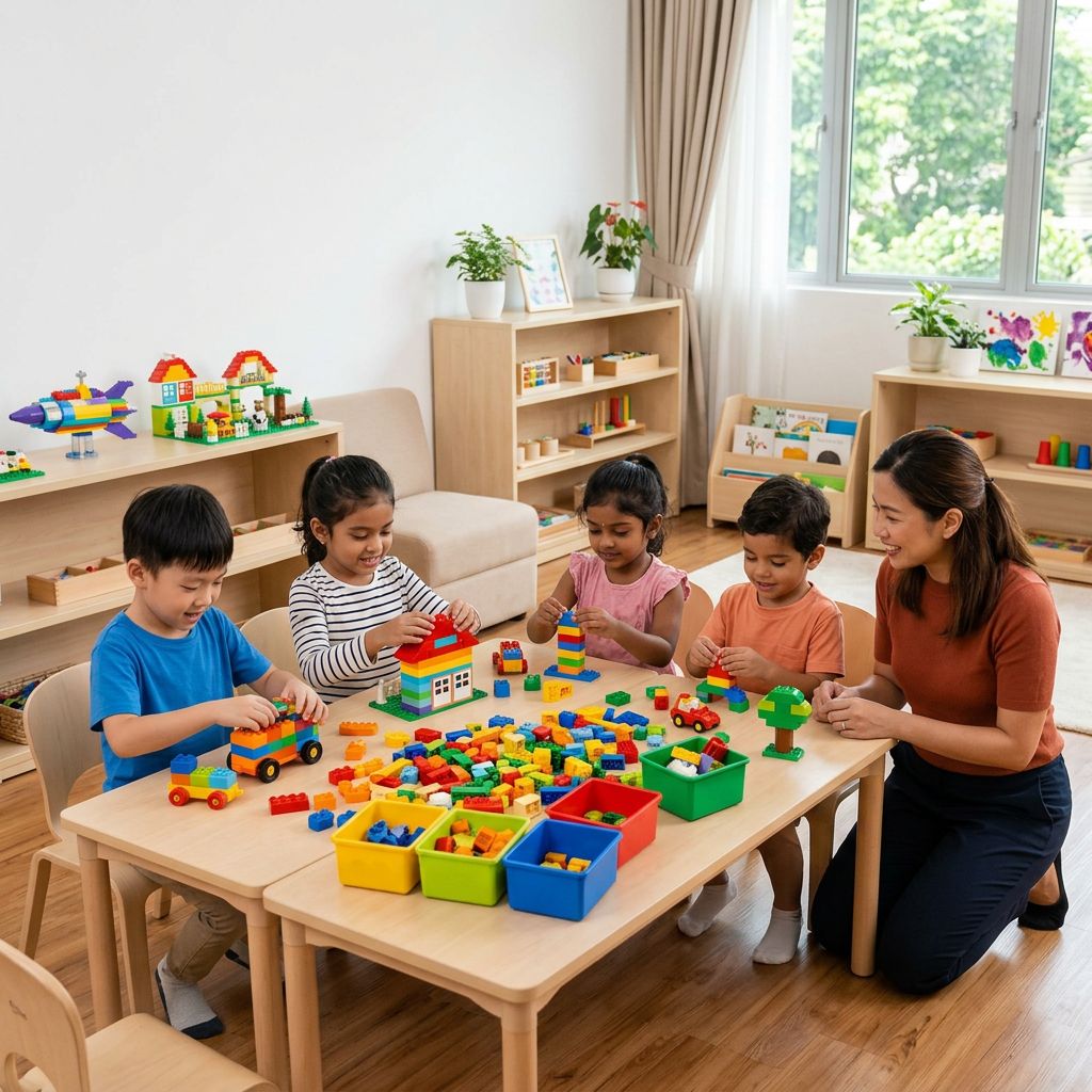 Singapore parent guiding young children with balanced screen time and hands-on STEM learning activities