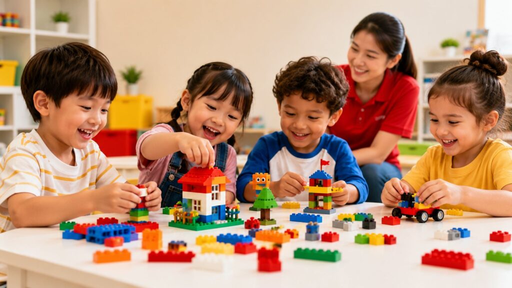 Children learning robotics and STEM through hands-on LEGO® building at Bricks 4 Kidz Singapore to develop AI readiness, coding and future technology skills.